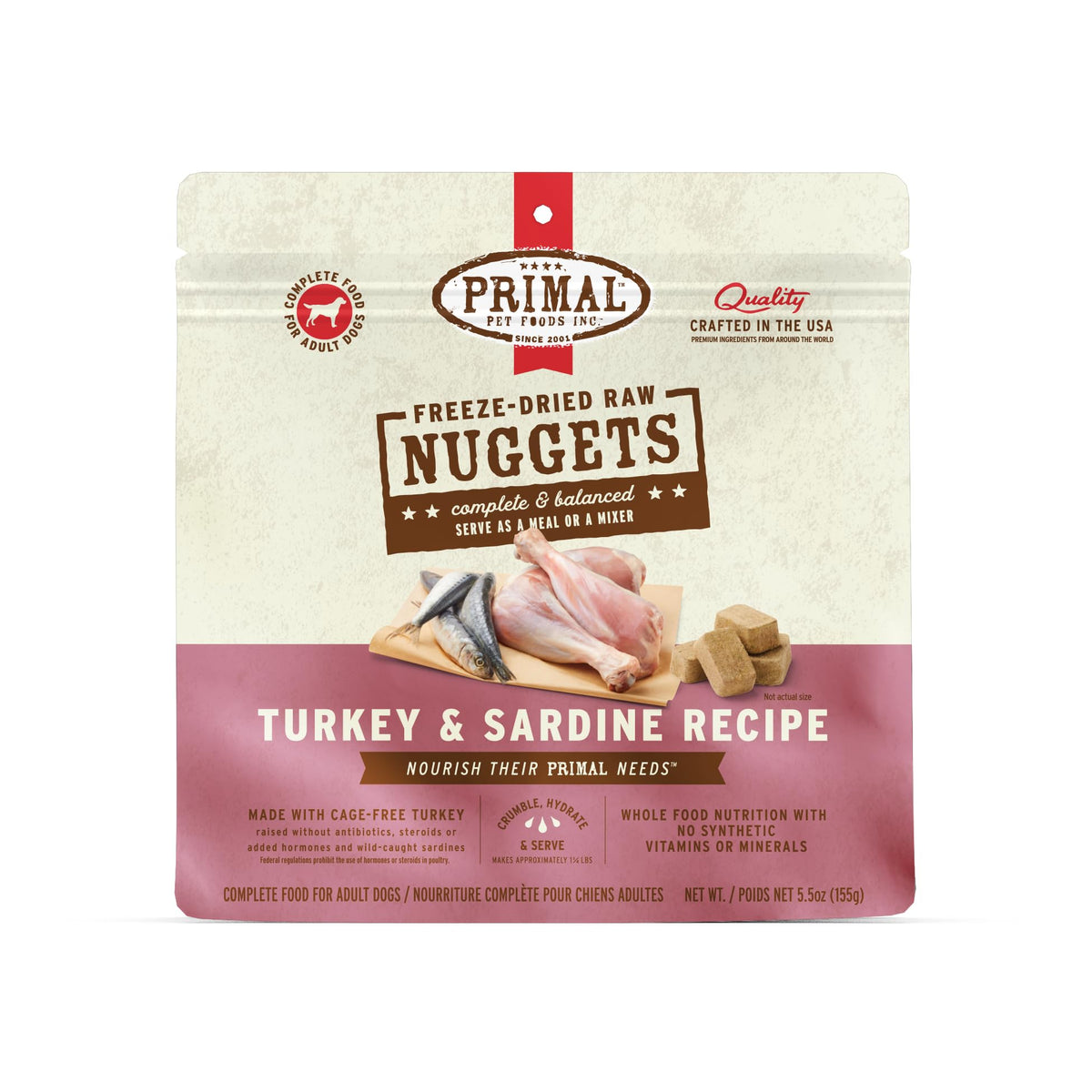Primal Pet Foods freeze-dried raw dog nuggets turkey-sardine, protein-packed meal option.