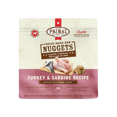 Primal Pet Foods freeze-dried raw dog nuggets turkey-sardine, protein-packed meal option.