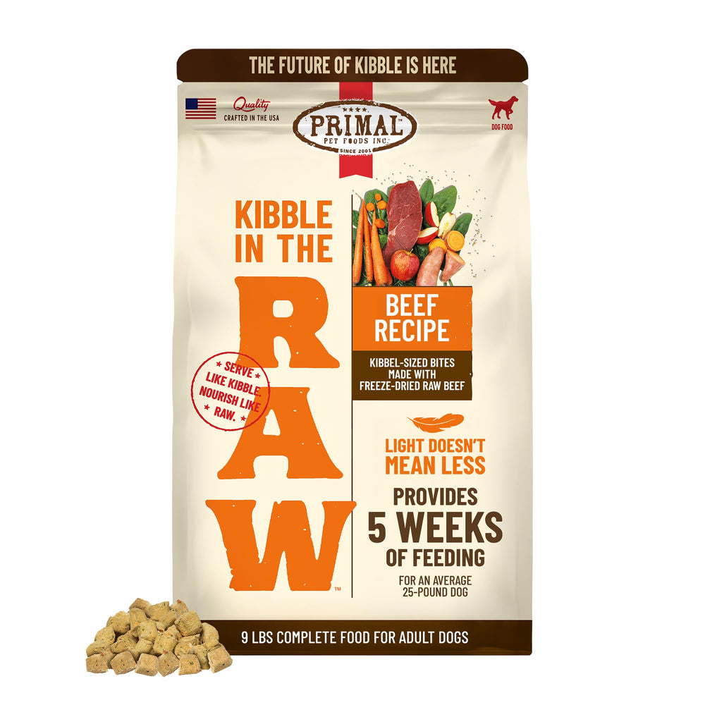 Primal Pet Foods kibble in the raw bag highlights convenient ready-to-serve nutrition.