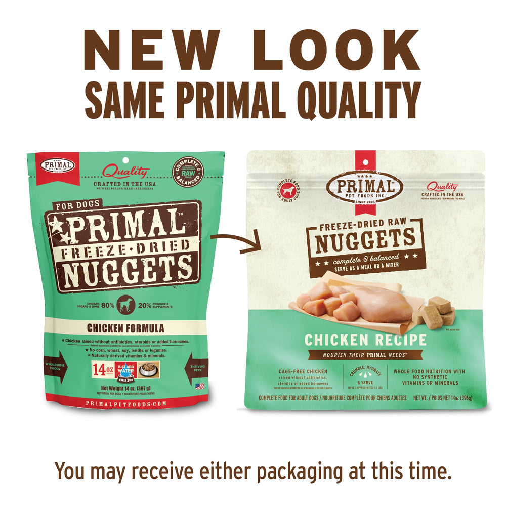 Primal Pet Foods nuggets crumble close-up shows grain-free ingredients and real food goodness