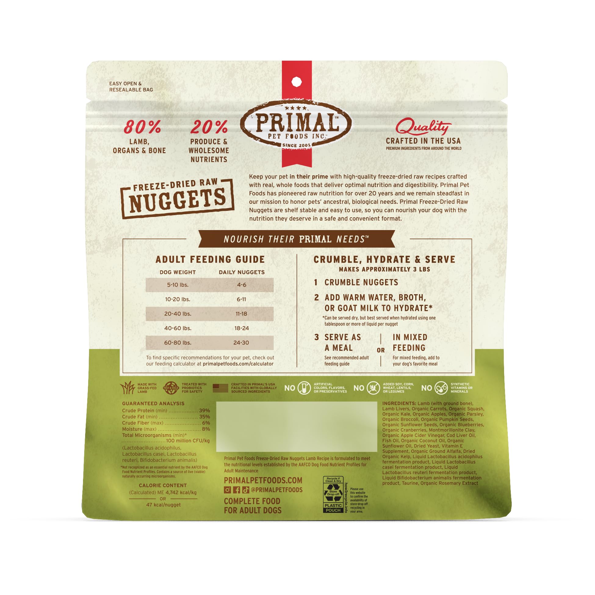 Primal Pet Foods nuggets on display illustrate shelf-stable, convenient feeding.