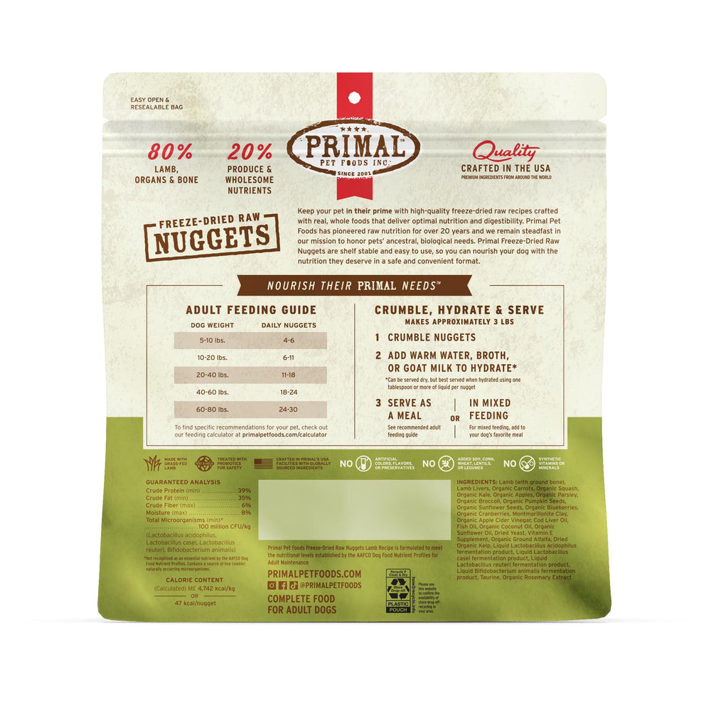 Primal Pet Foods nuggets on display illustrate shelf-stable, convenient feeding.
