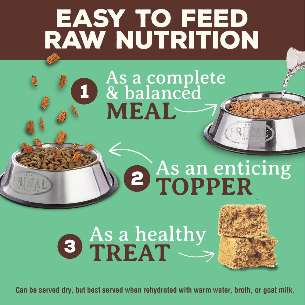 Primal Pet Foods rehydration step image illustrates easy prep before feeding