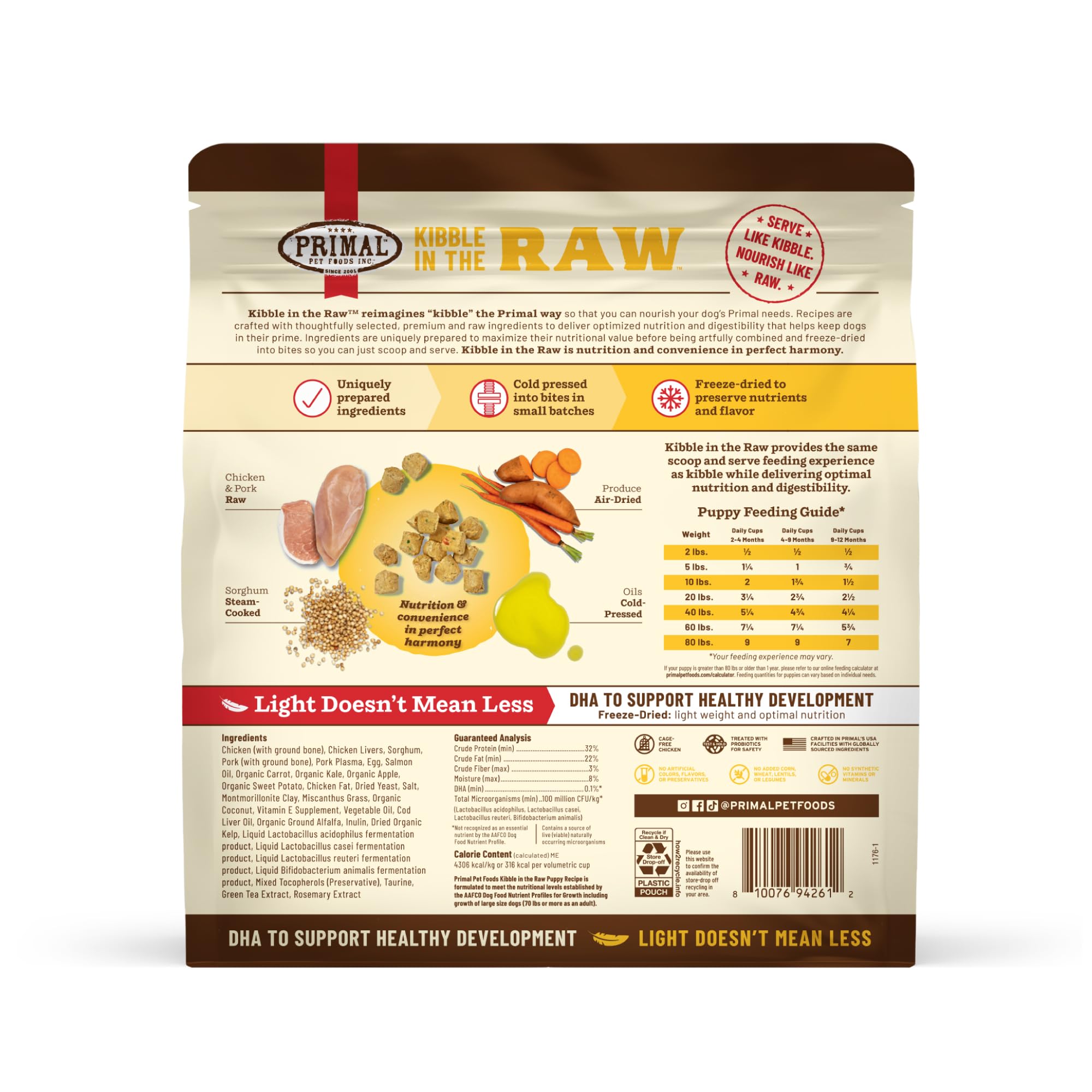 Primal Pet Foods Raw protein from cage-free chicken and crate-free pork visuals.