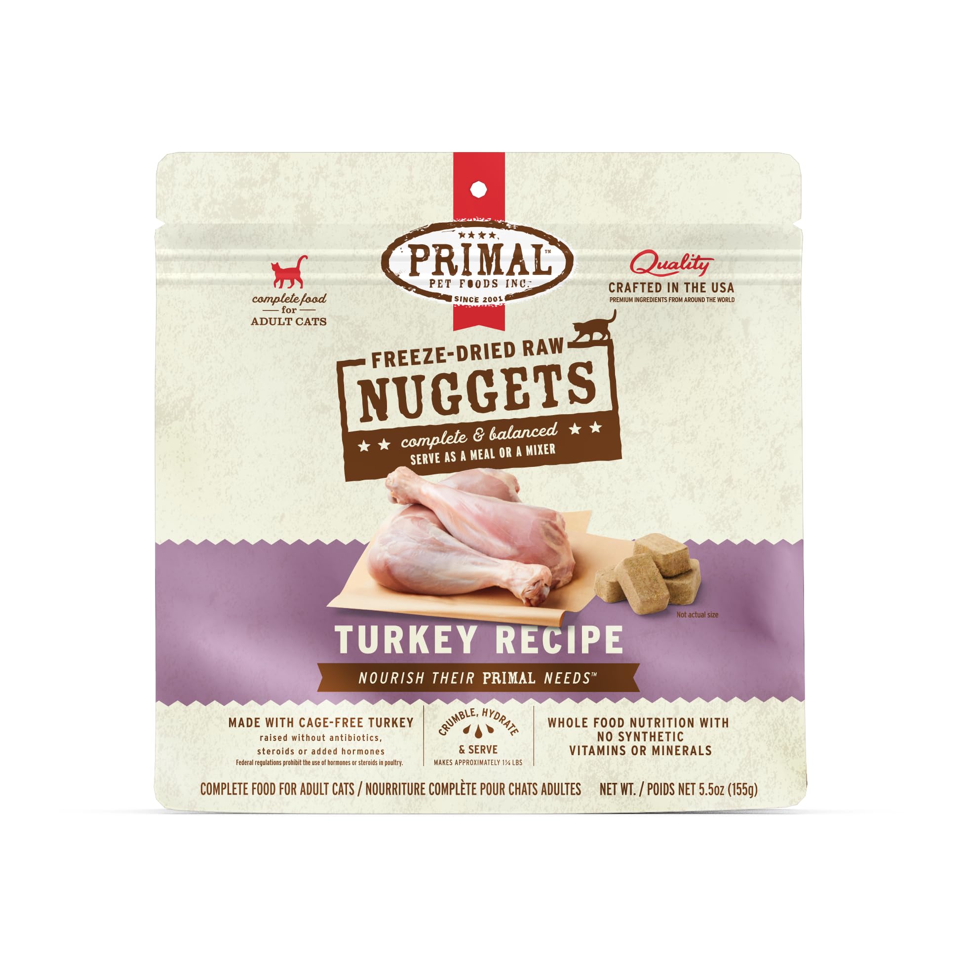 Primal Pet Foods turkey nuggets packshot shows premium freeze-dried nutrition for cats.