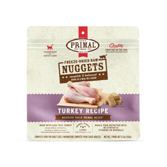 Primal Pet Foods turkey nuggets packshot shows premium freeze-dried nutrition for cats.