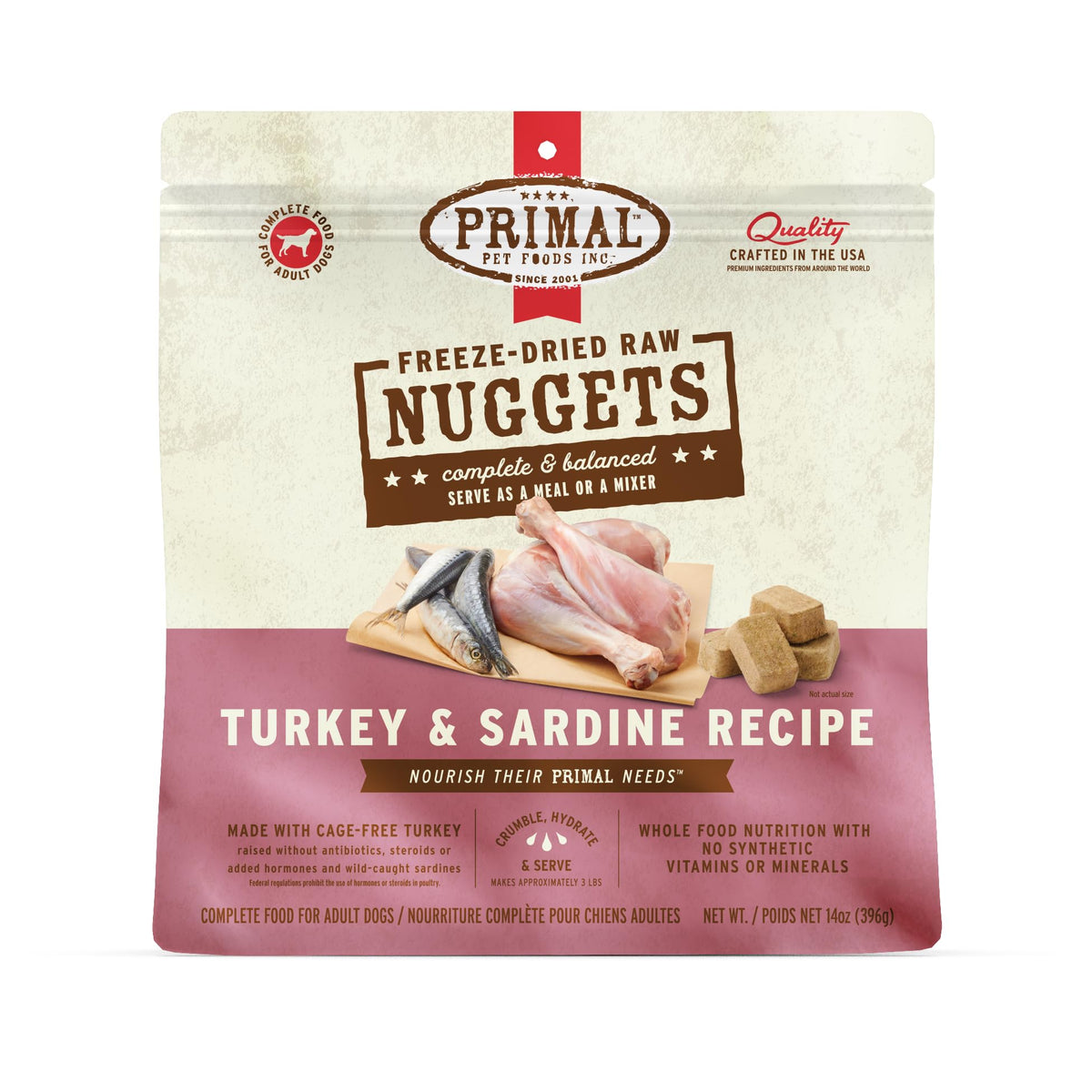 Primal Pet Foods turkey-sardine-nuggets: premium freeze-dried nuggets for complete meals.
