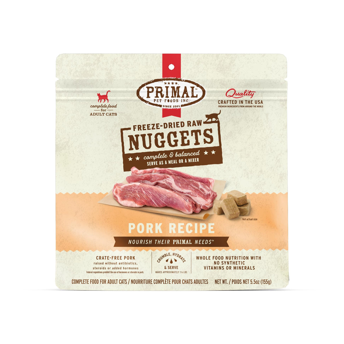 Primal Pork Nuggets packaging highlights grain-free cat nutrition.