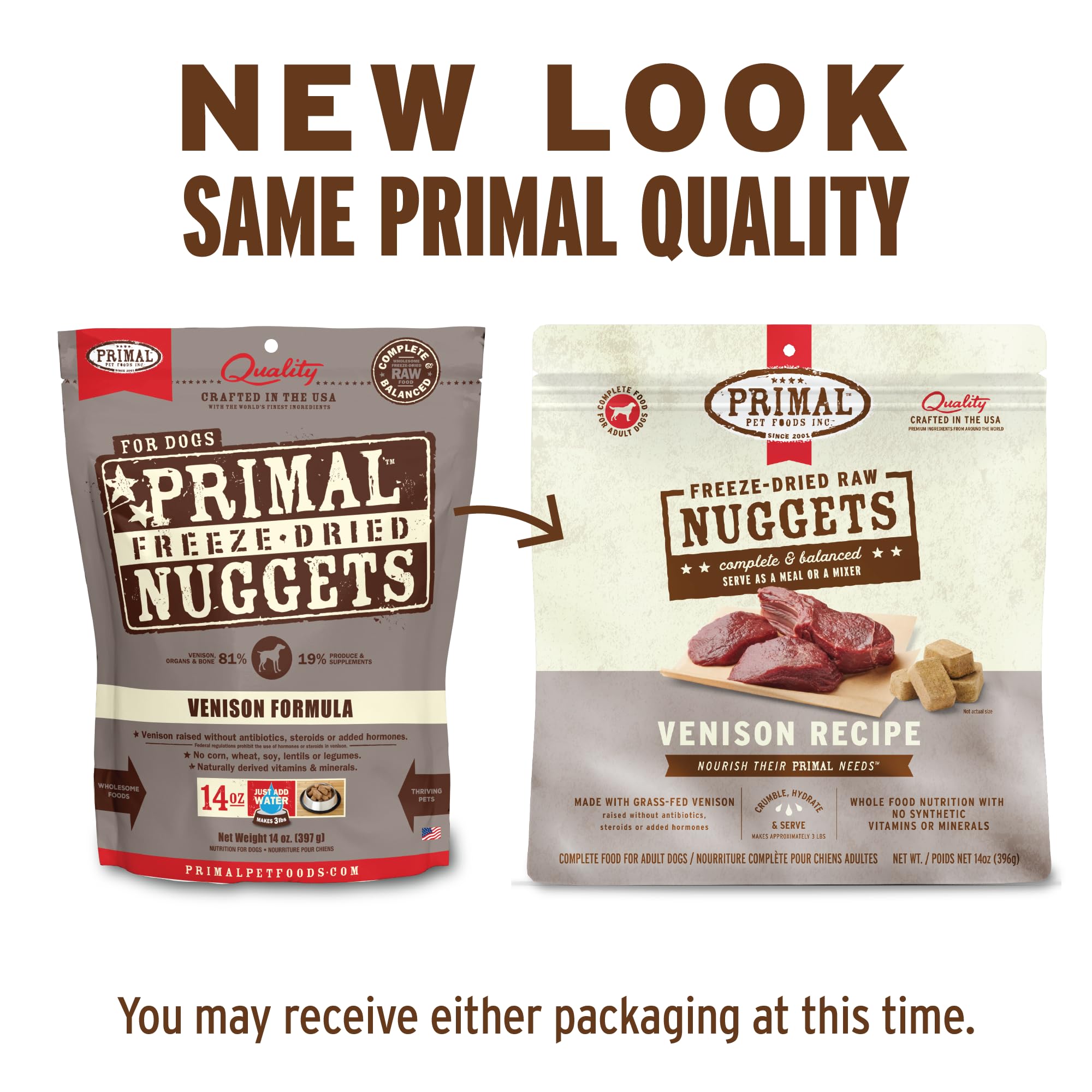 Primal Venison Nuggets packaging highlights shelf-stable, convenient raw nutrition.