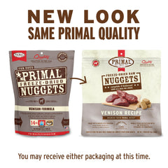 Primal Venison Nuggets packaging highlights shelf-stable, convenient raw nutrition.