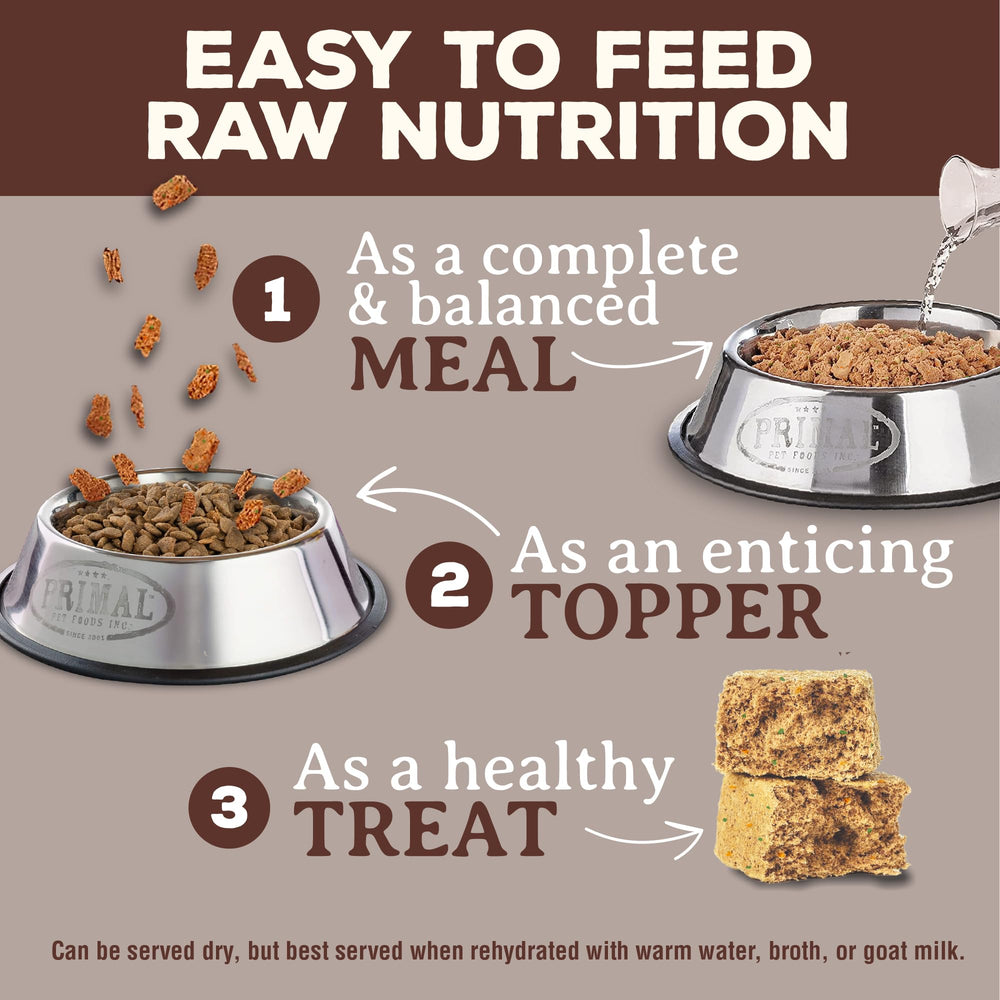 Primal Venison Nuggets served as topper over moistened kibble.