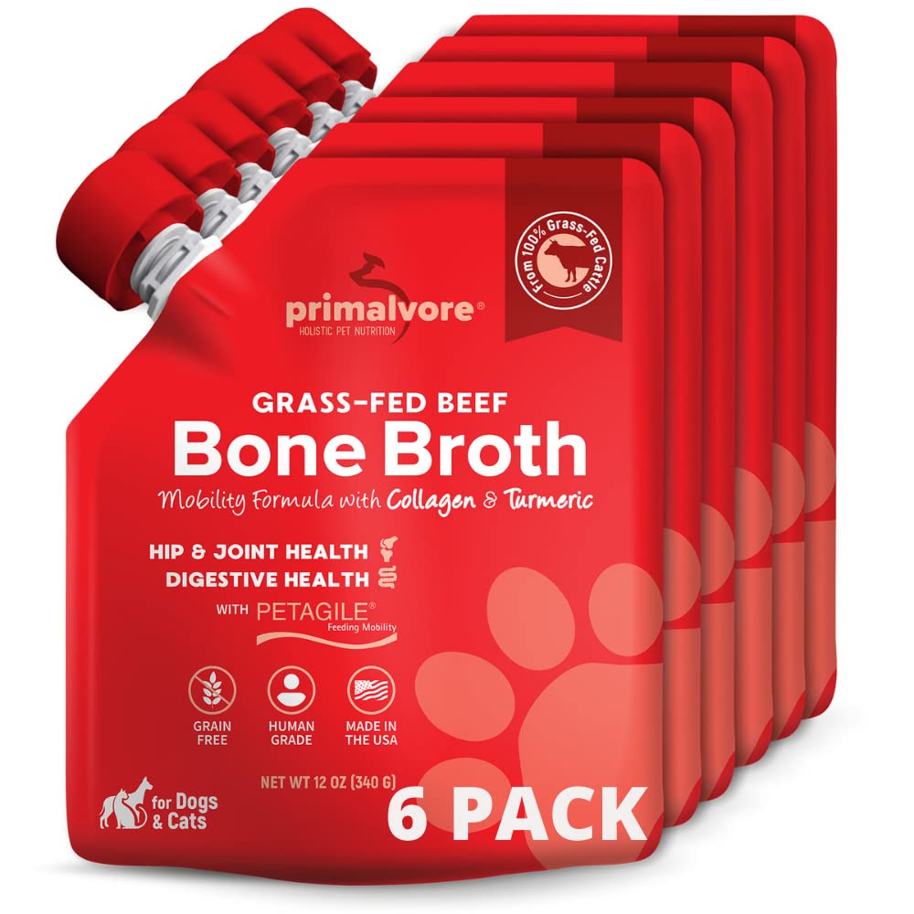 Primalvore beef bone broth bottle pours to boost hydration for dogs and cats.