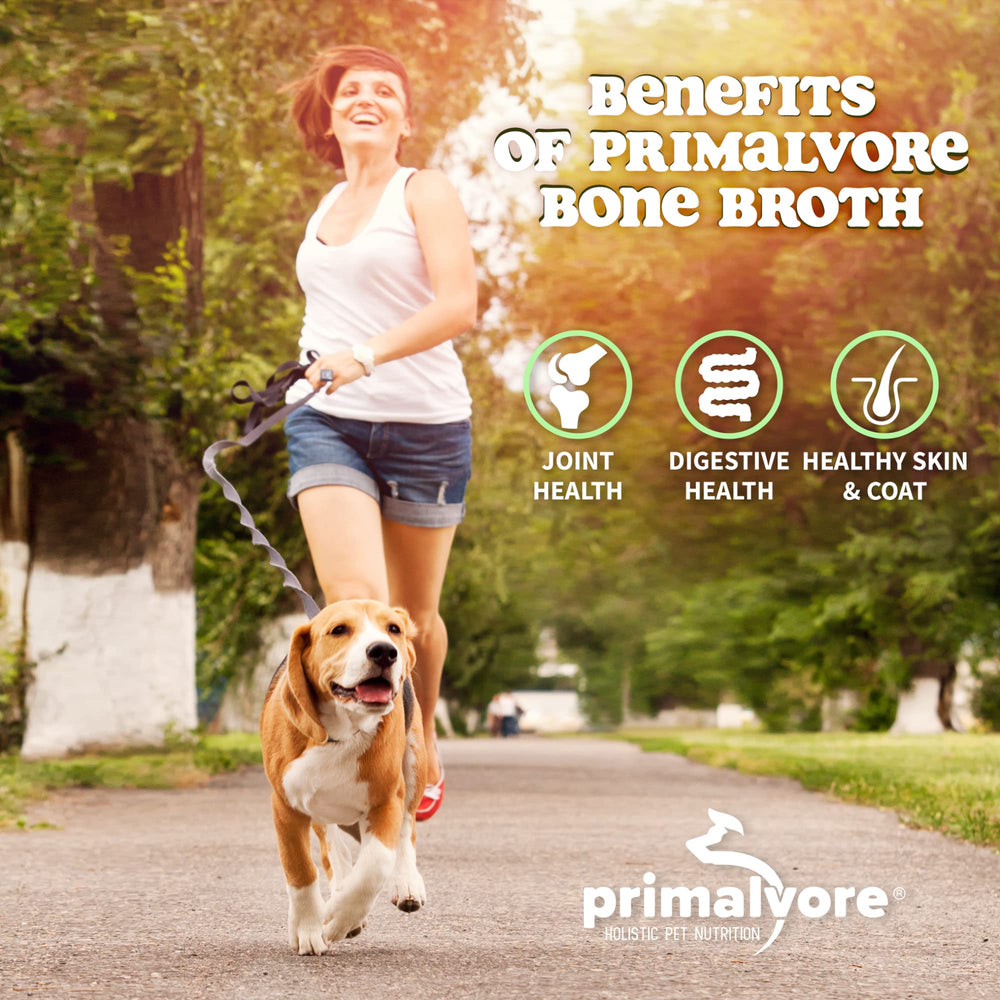 Primalvore dog and cat meal topper in a bowl enhances meals with broth.