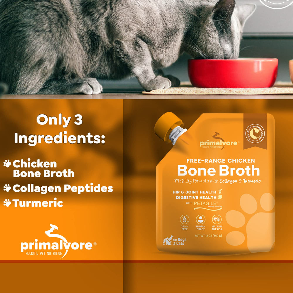 Primalvore dog and cat sharing broth toppers during mealtime.