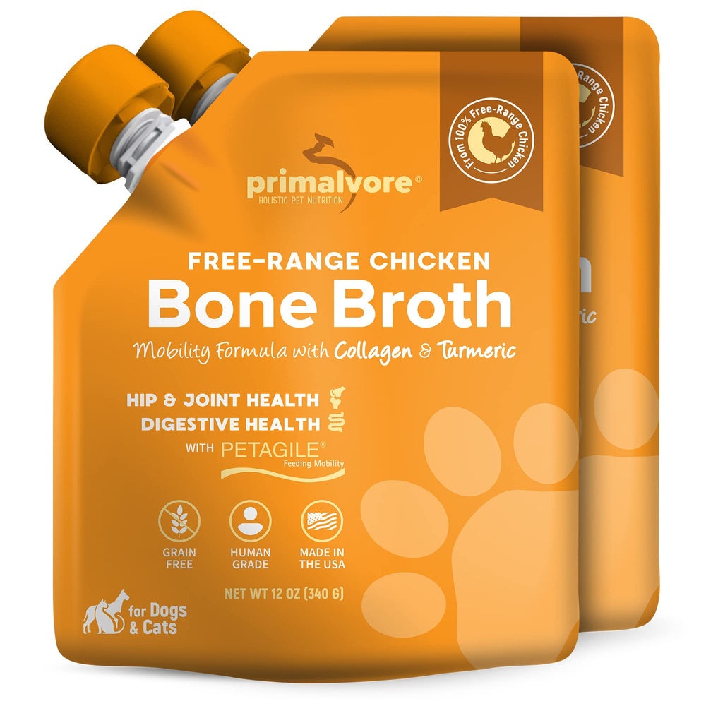 Primalvore free-range bone broth chicken bottle pour aids hydration and meal toppers.