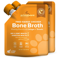 Primalvore free-range bone broth chicken bottle pour aids hydration and meal toppers.