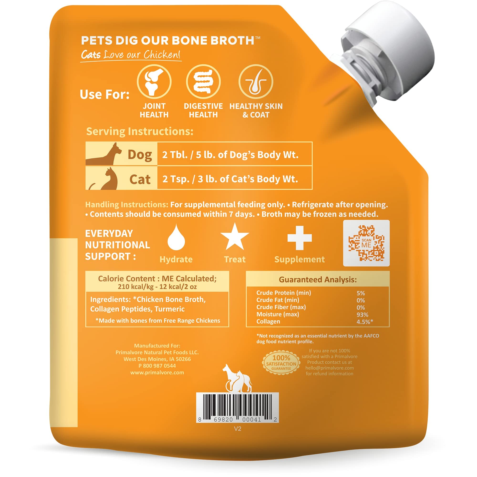 Primalvore free-range bone broth chicken ingredient label highlights organic bones for informed feeding.