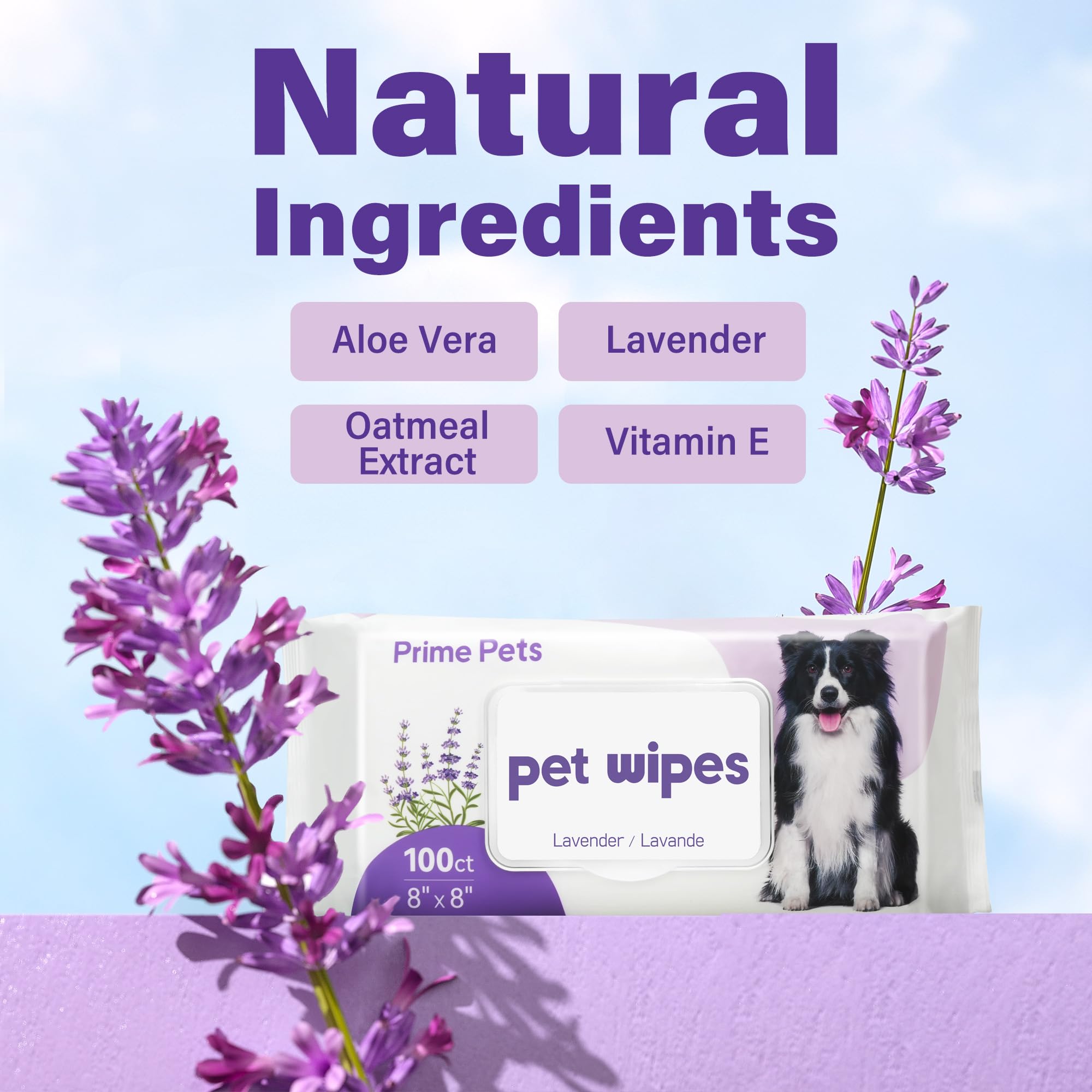 Prime Pets dog wipes lavender scent detail highlights gentle deodorizing during post-walk freshening.