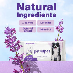 Prime Pets dog wipes lavender scent detail highlights gentle deodorizing during post-walk freshening.