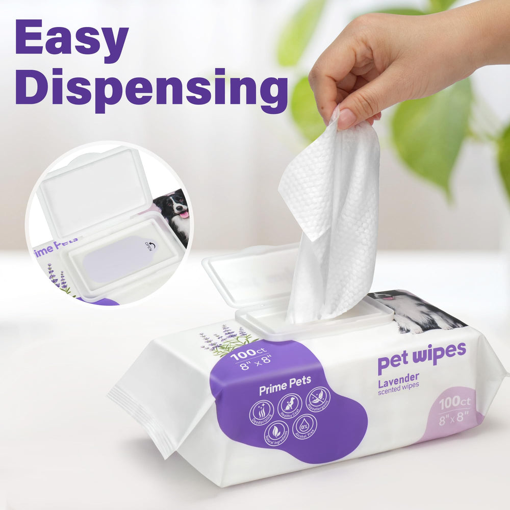Prime Pets dog wipes travel pack scene shows convenient, portable grooming essential.