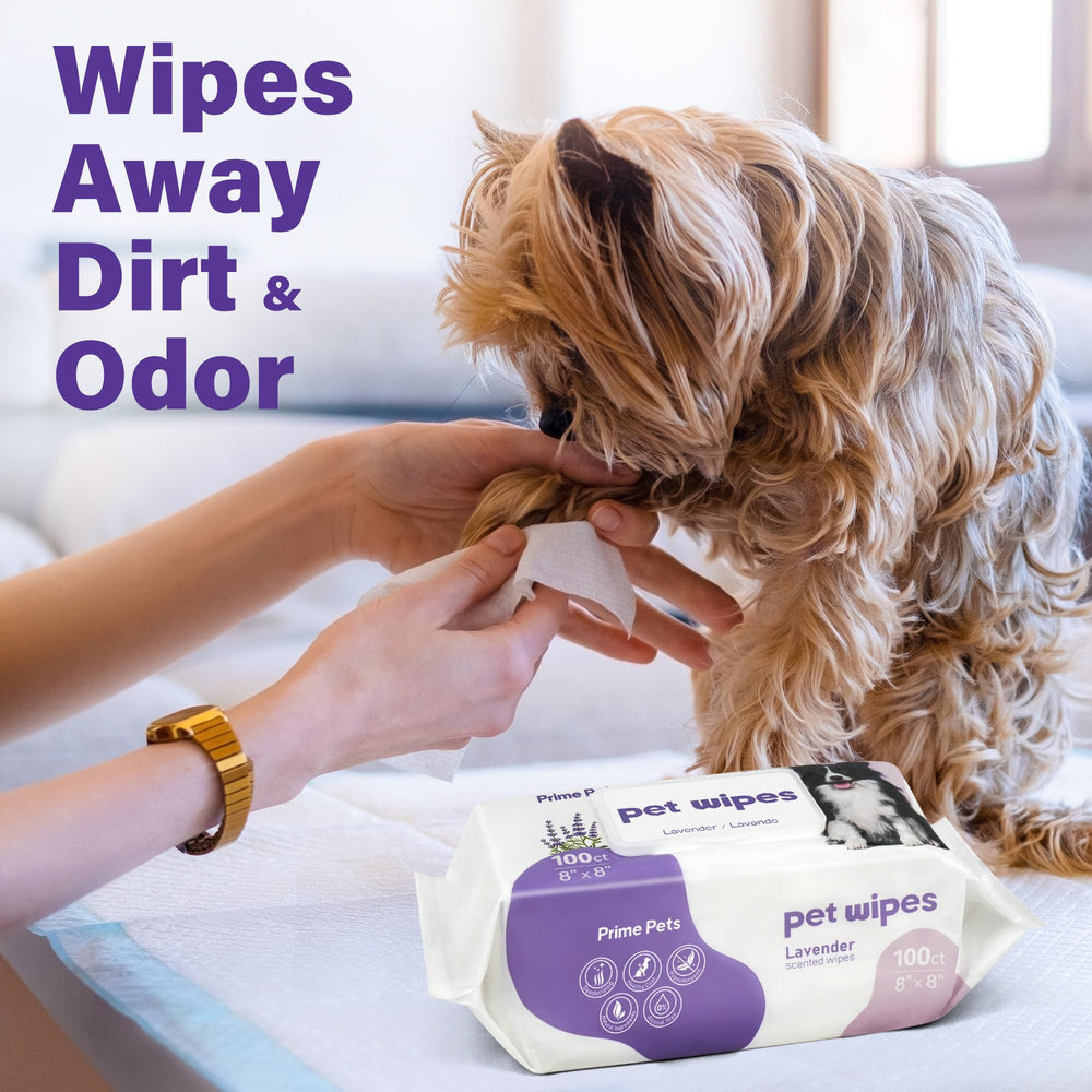 Prime Pets dog wipes facial and body use demonstrates gentle cleansing around eyes and fur.