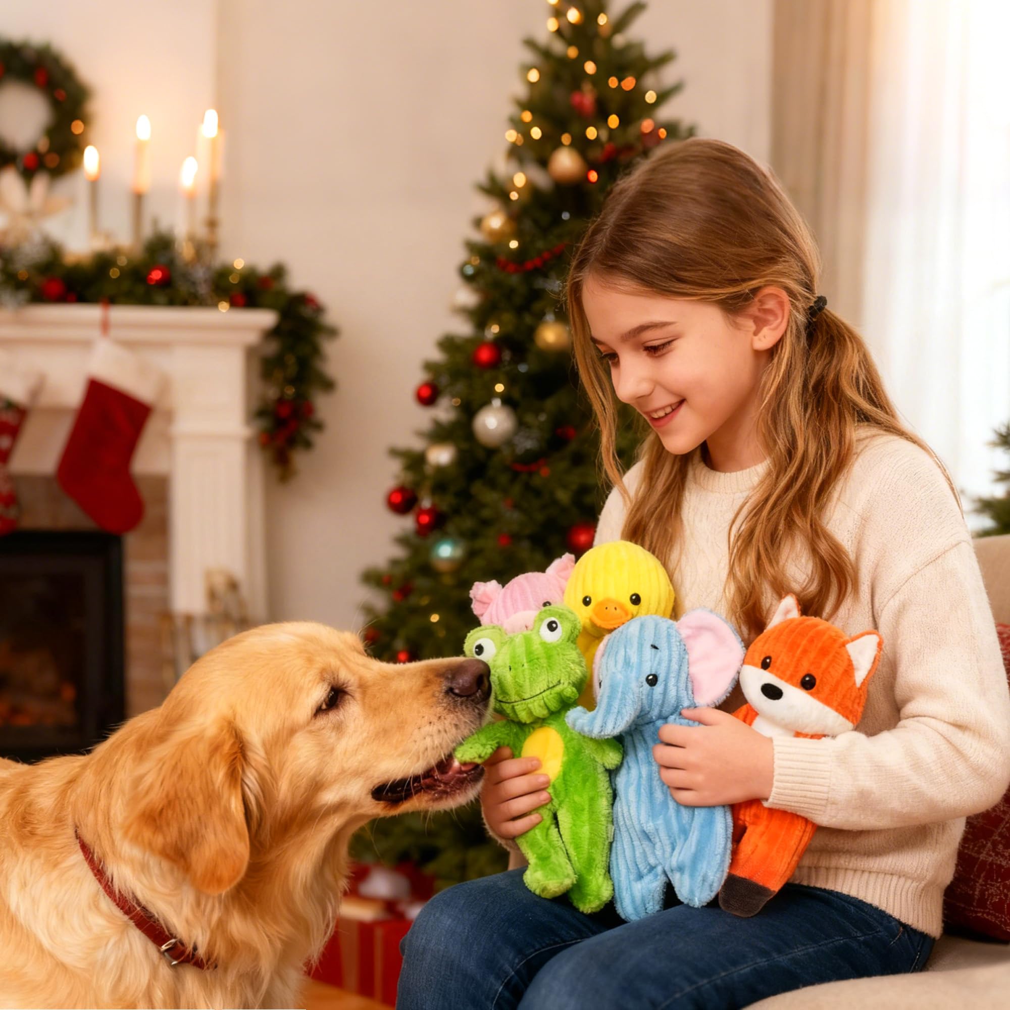 Prime Pets five-pack plush dog toys image showing colorful options for varied play.