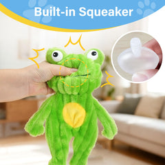 Prime Pets green frog dog toy with crinkle sound for interactive play.