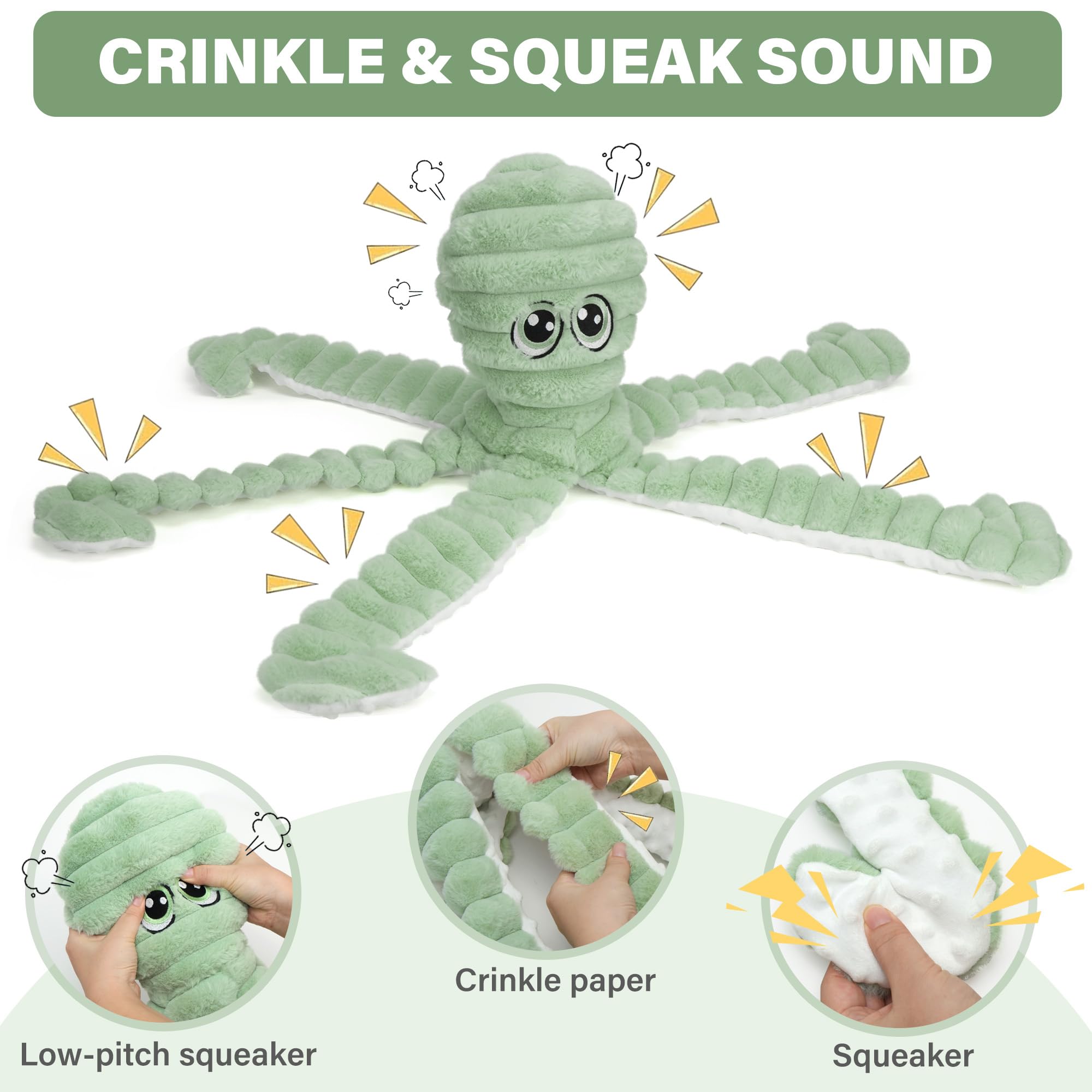 Prime Pets octopus toy body soft plush provides cuddly comfort during nap or rest.