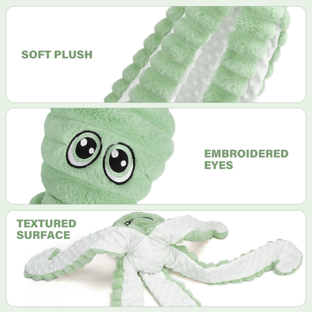 Prime Pets octopus toy embroidered eyes offer a friendly companion look for dogs.