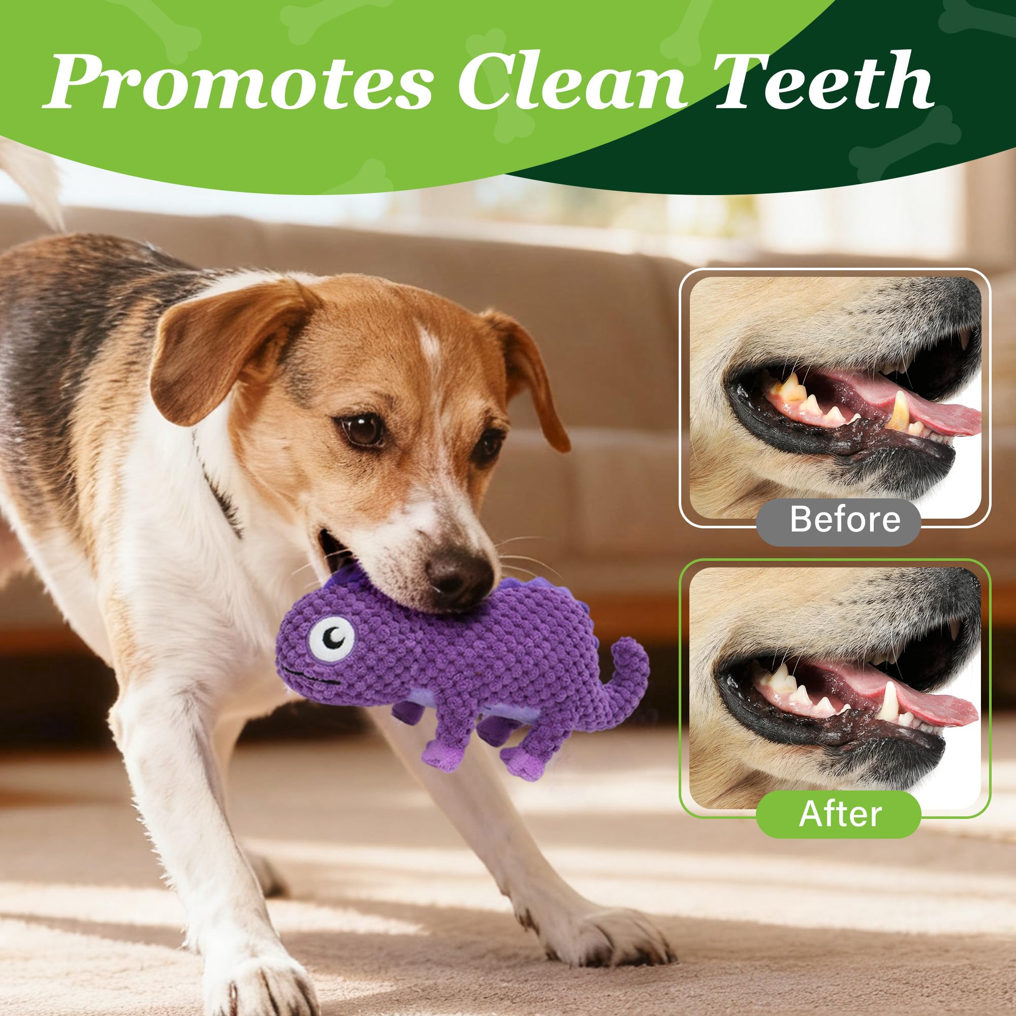 Prime Pets purple chameleon dog toy with bright color for grabbing attention.