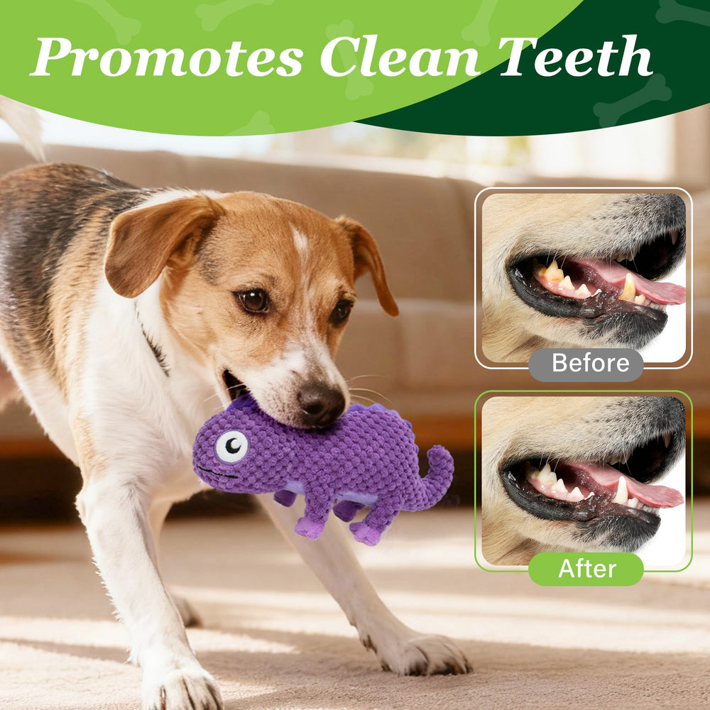 Prime Pets purple chameleon dog toy with bright color for grabbing attention.