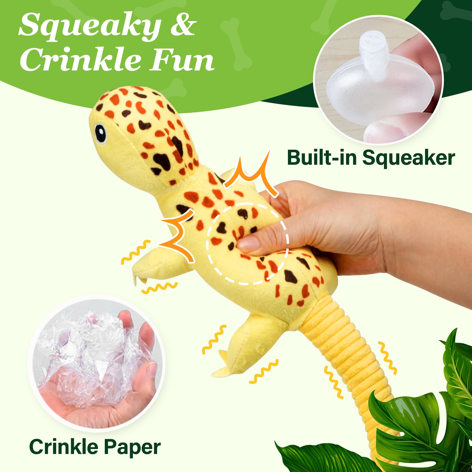 Prime Pets yellow lizard dog toy with crinkle accents for engaging play.