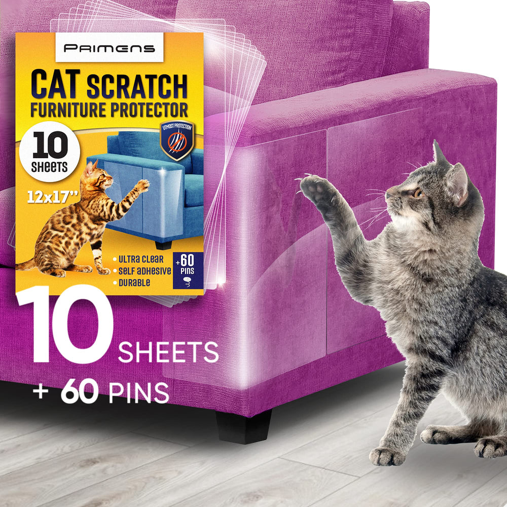 Primens heavy-duty scratch deterrent sheets shield sofa surfaces from claws with invisible protection.