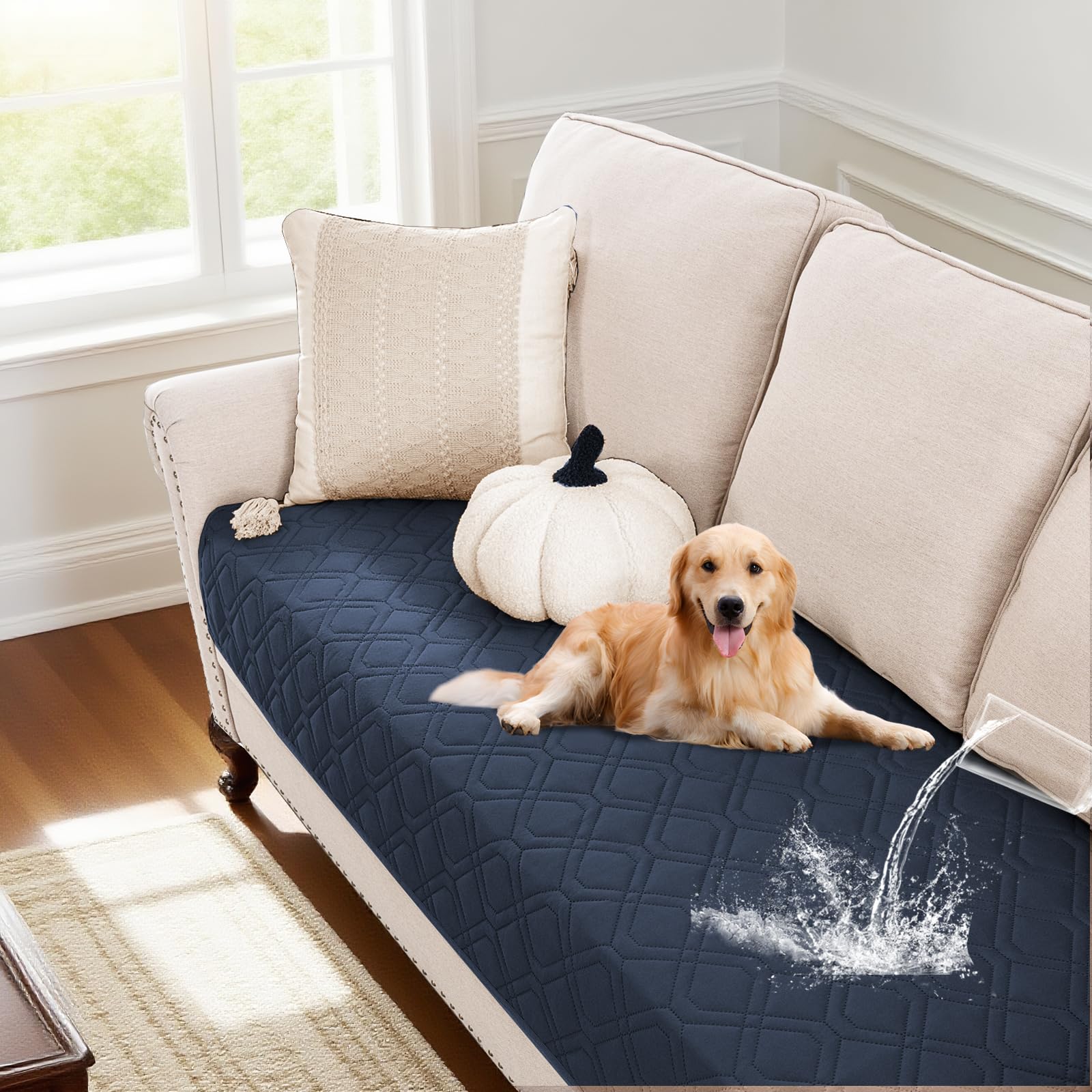 PrinceDeco waterproof couch cover for dogs in navy showing spill protection on upholstery.