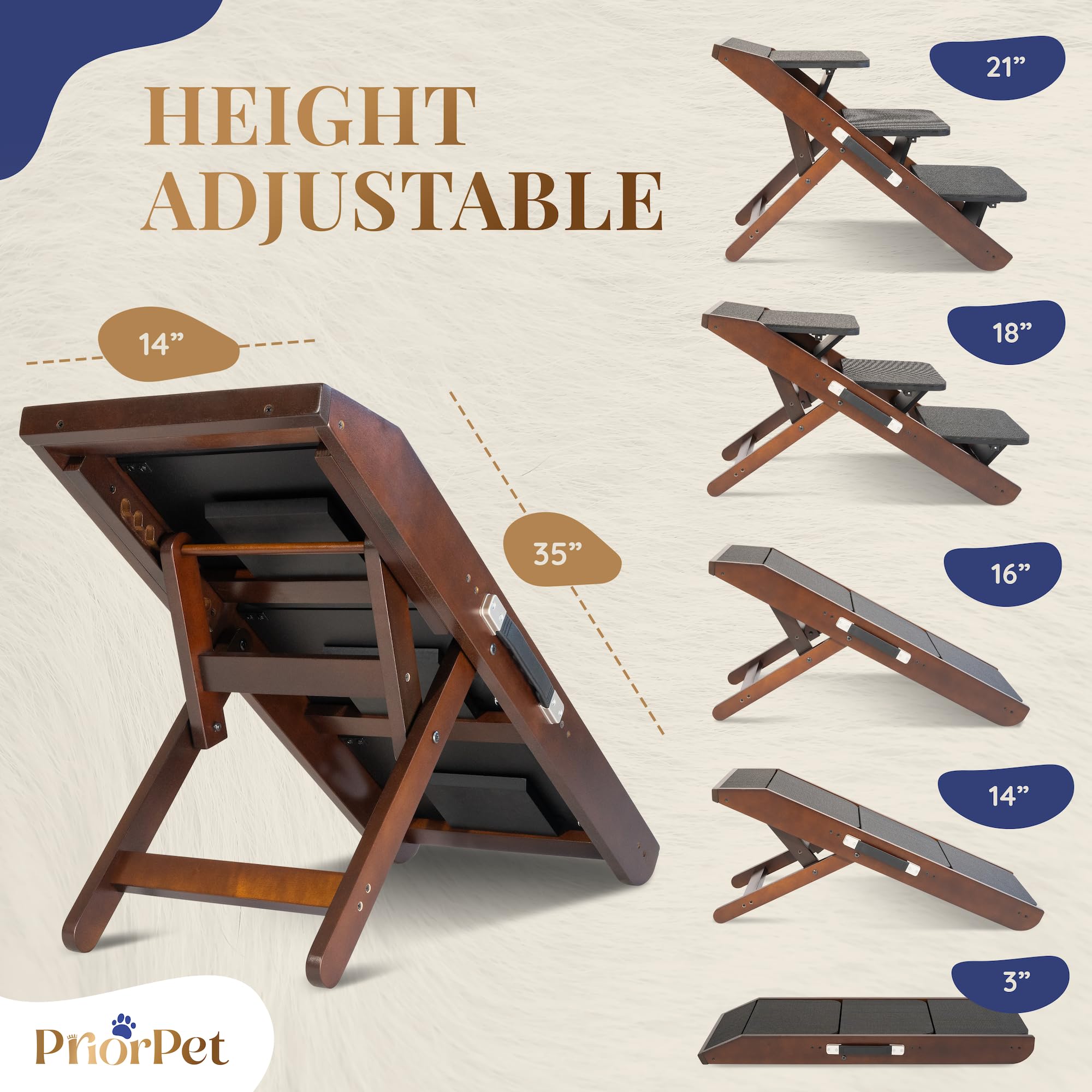 PRIORPET adjustable dog ramp shows height range of 7 to 20 inches for versatile use
