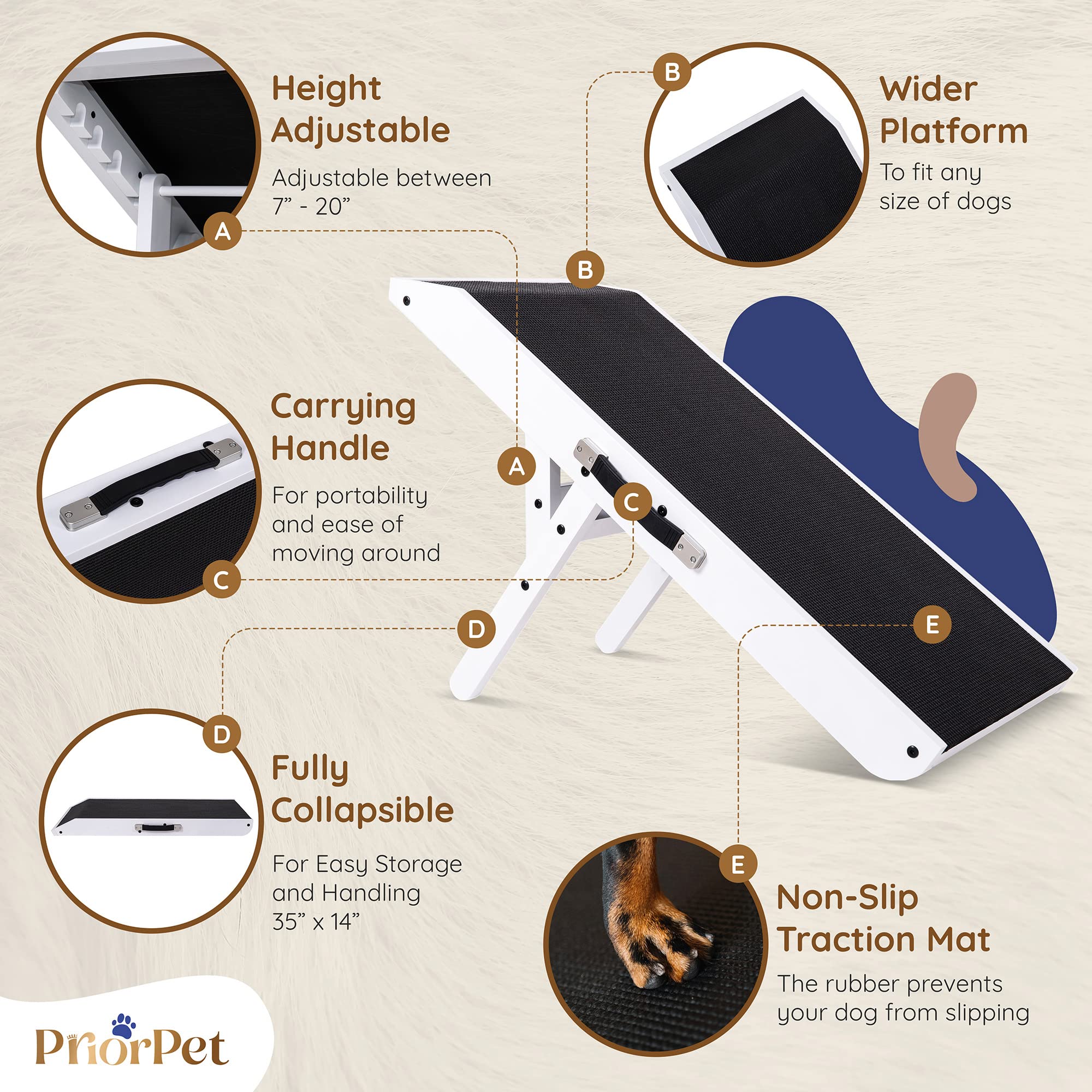 PriorPet birchwood dog ramp offers sturdy wood construction for larger pets.