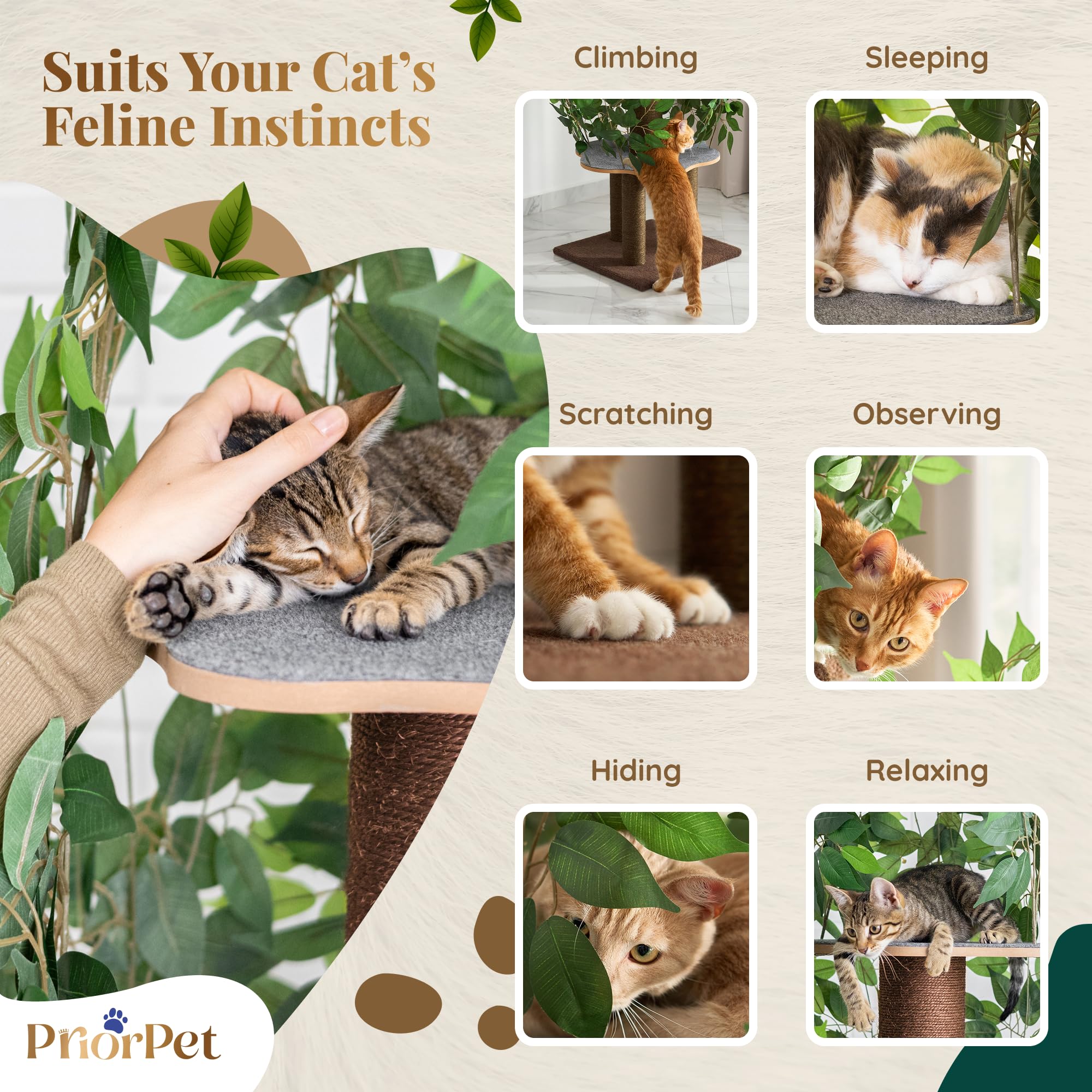 PRIORPET cat tree leaves hideout provides a cozy retreat for napping and watching