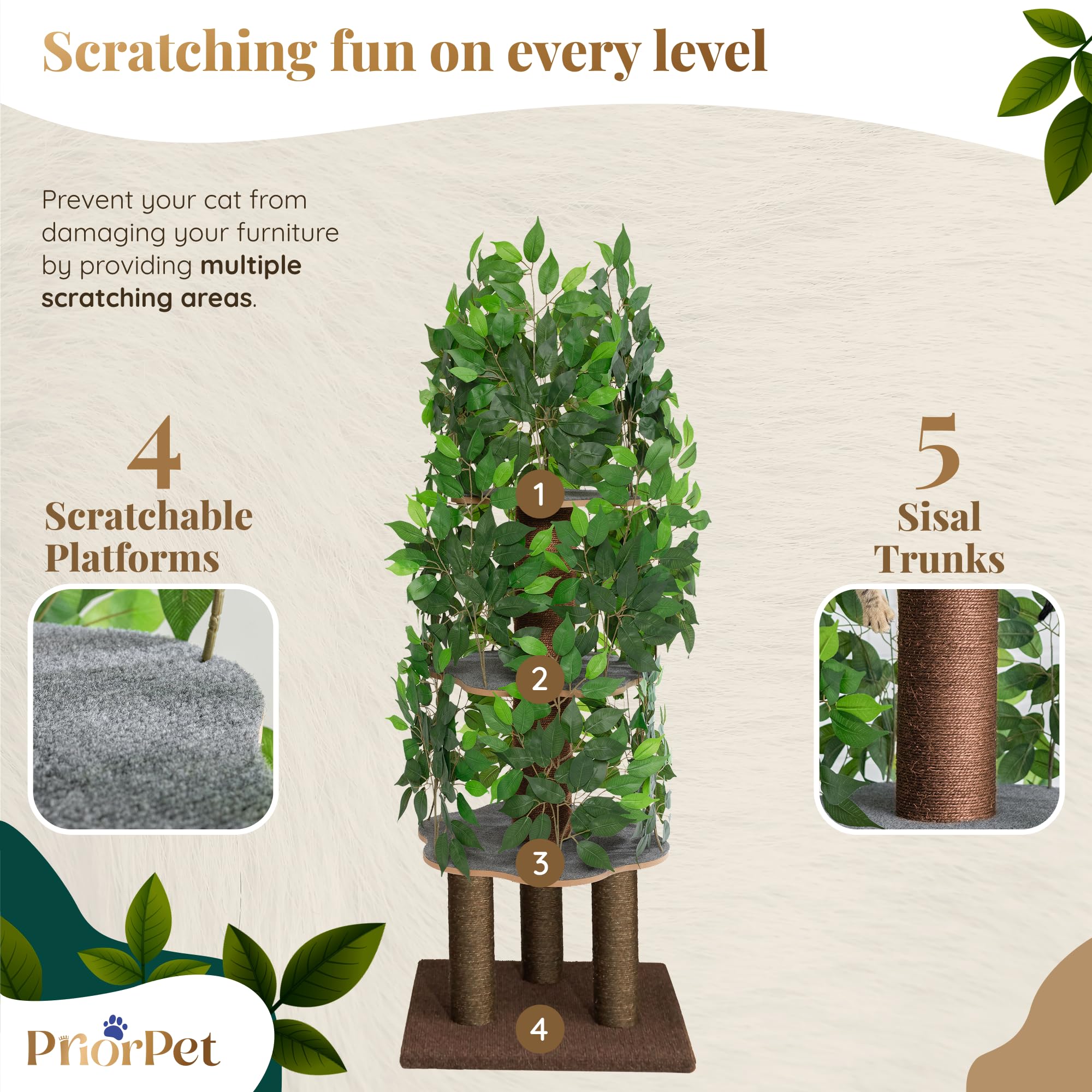 PRIORPET cat tree leaves multi-level shows varied heights to encourage climbing and lounging