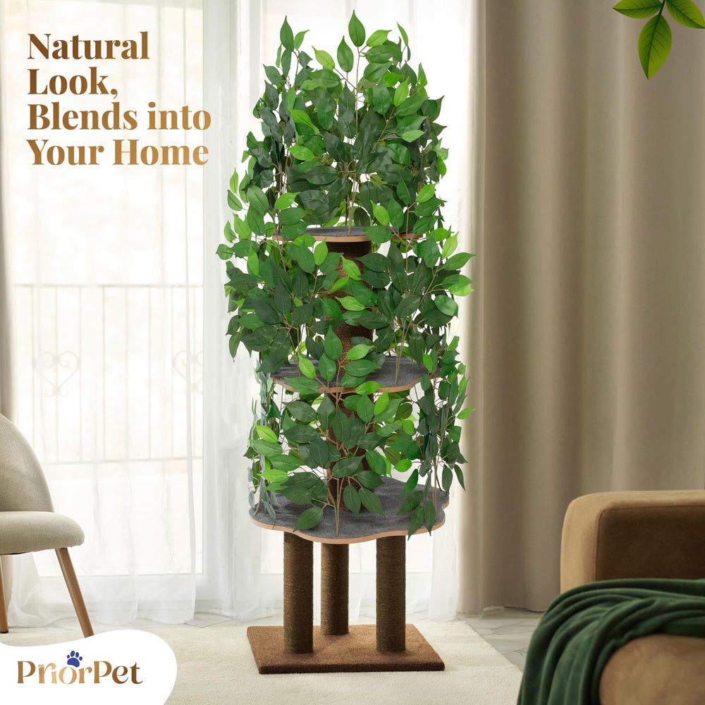 PRIORPET cat tree leaves non-toxic-leaves highlights safe foliage that withstands paws and play