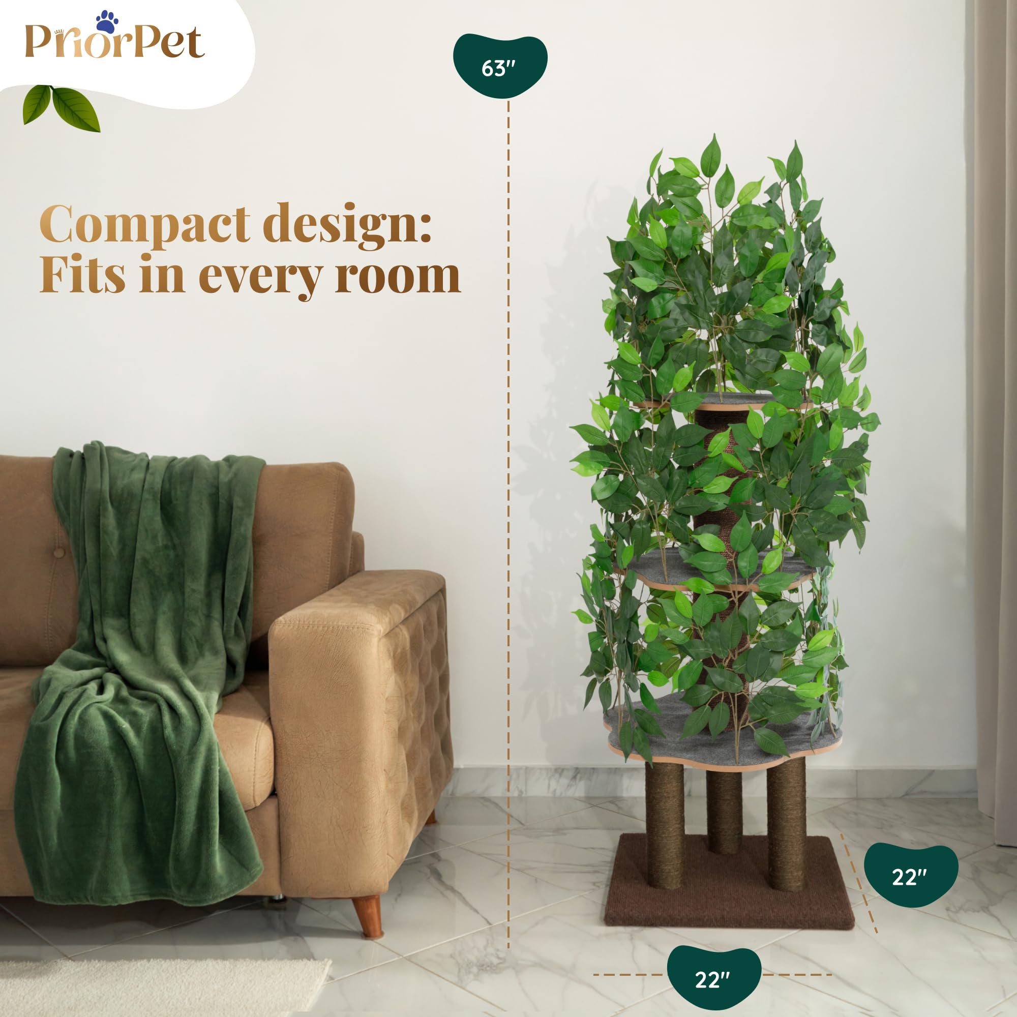 PRIORPET cat tree leaves posts highlights five reinforced sisal posts for durable scratching