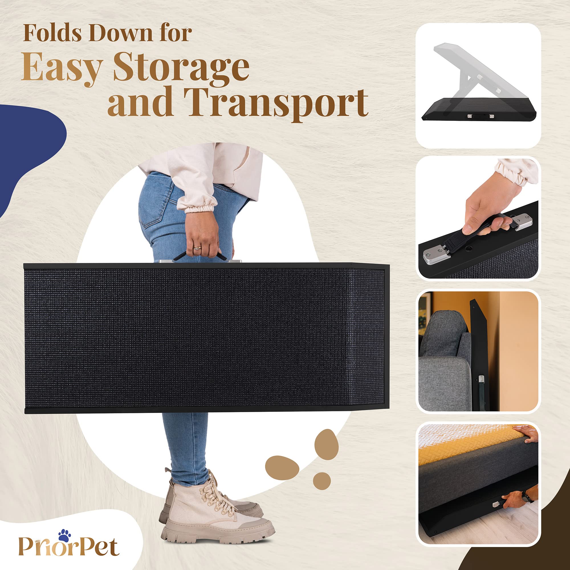 Priorpet dog ramp shows adjustable height settings for couches, beds, or cars