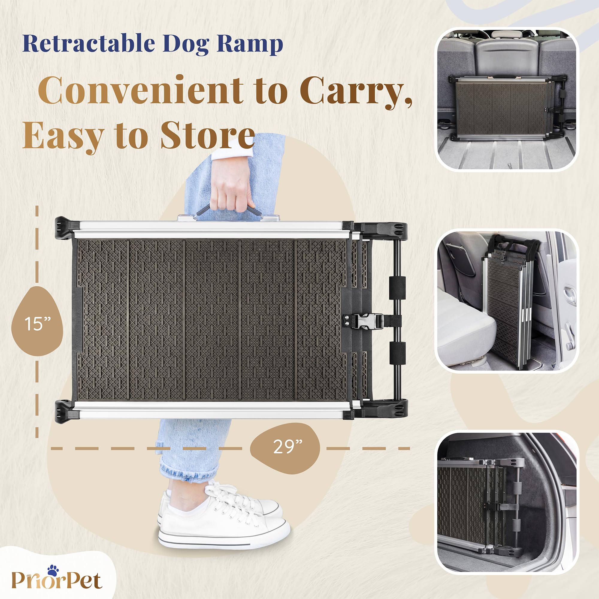 PRIORPET Dog Ramp with reflective sides enhances nighttime visibility and safety.