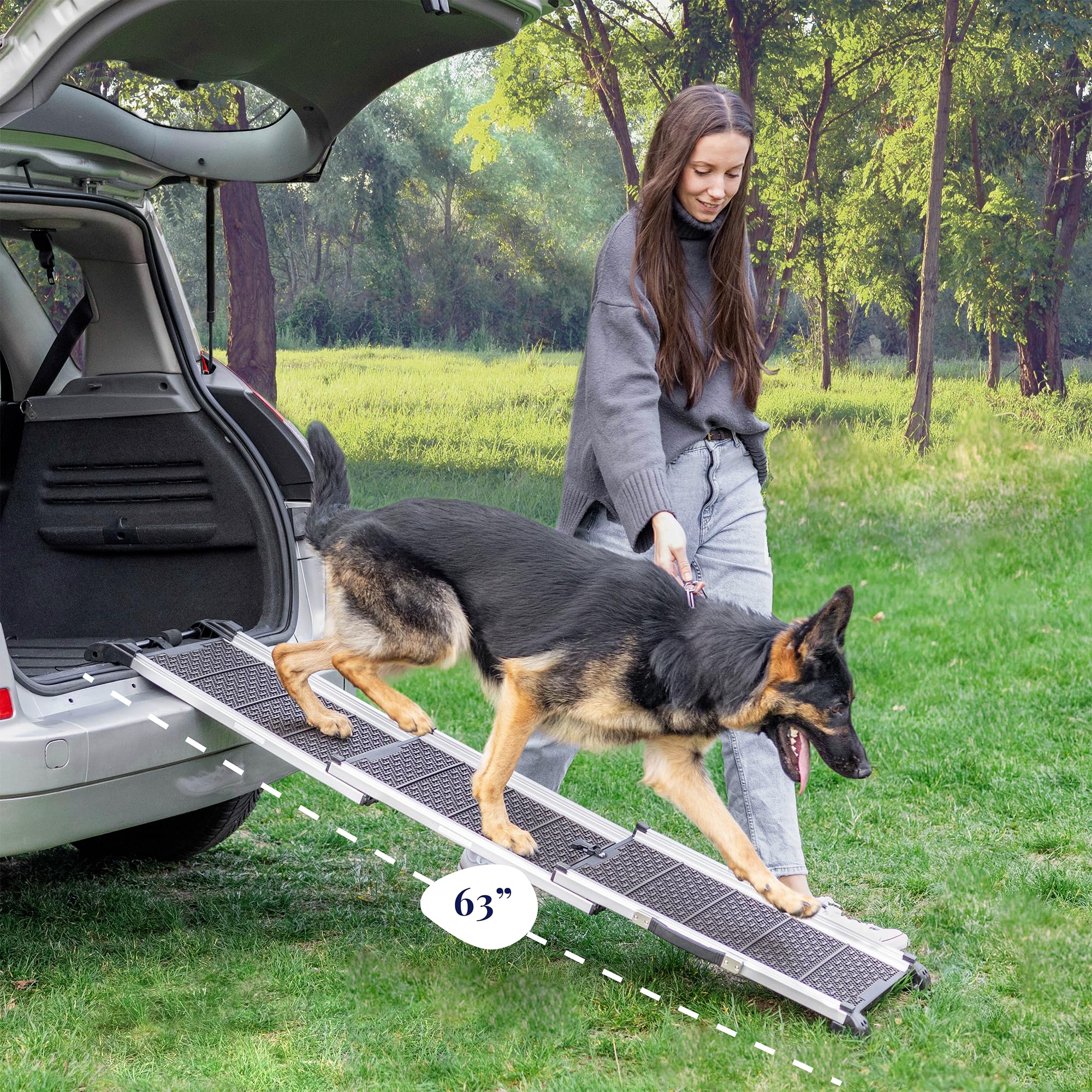 PRIORPET Dog Ramp extended dimensions 63x15 inches for a wide stance.