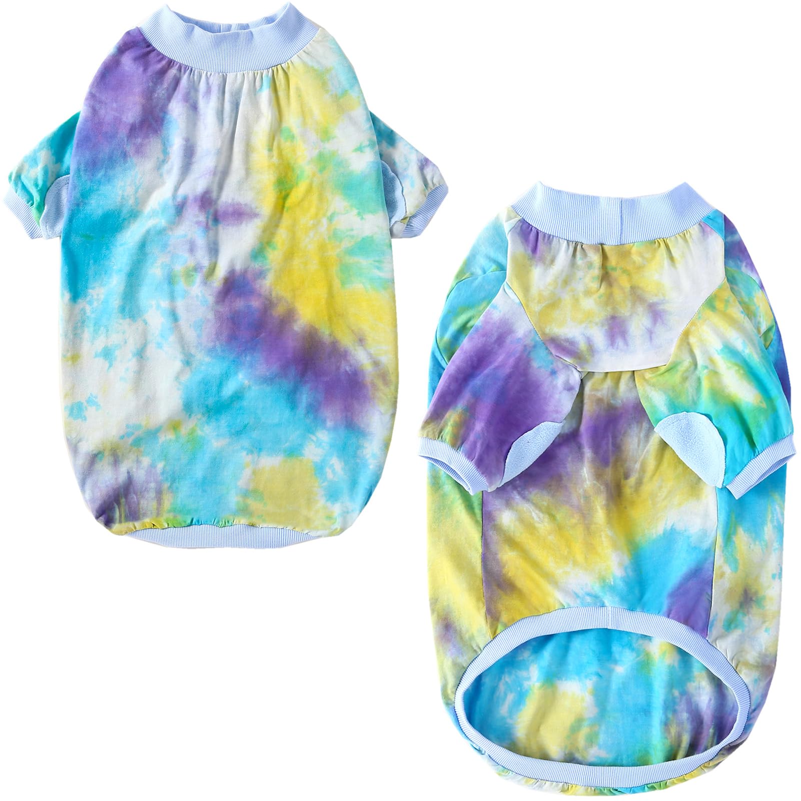 PriPre blue tie-dye dog shirt back view shows secure elastic cuffs.