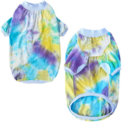 PriPre blue tie-dye dog shirt back view shows secure elastic cuffs.