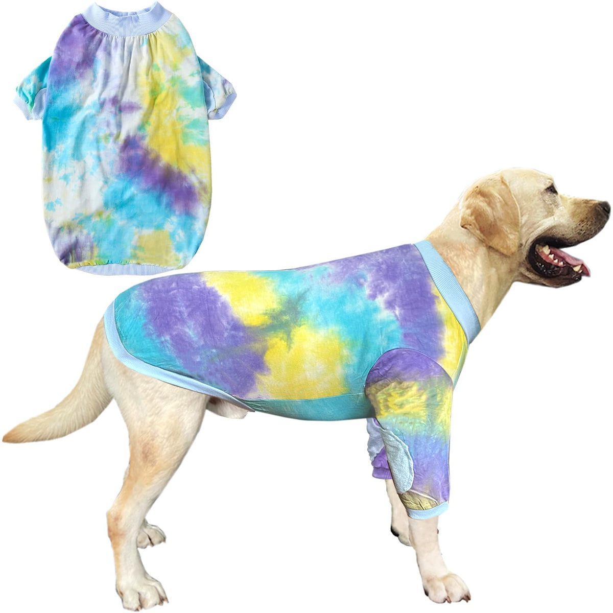 PriPre blue tie-dye dog shirt front view highlights breathable cotton comfort.