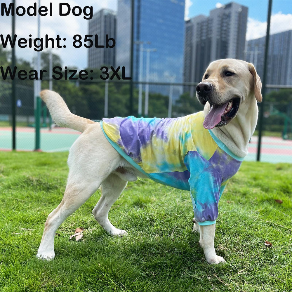 PriPre blue tie-dye dog shirt size chart showcases range from S to 3XL.