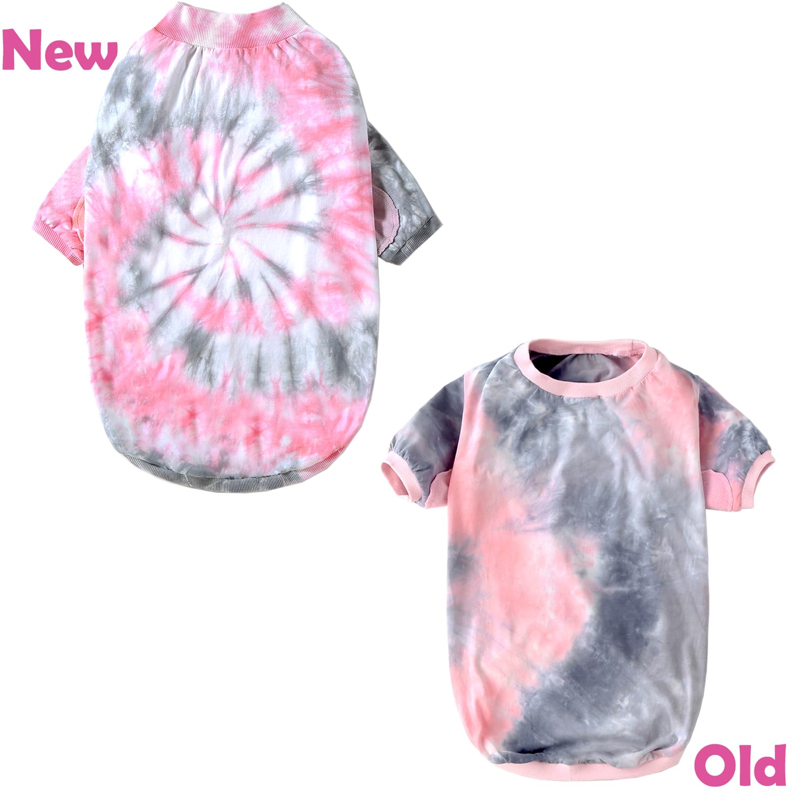 PriPre dog pink tie-dye t-shirt side view — easy on/off with comfy fit.