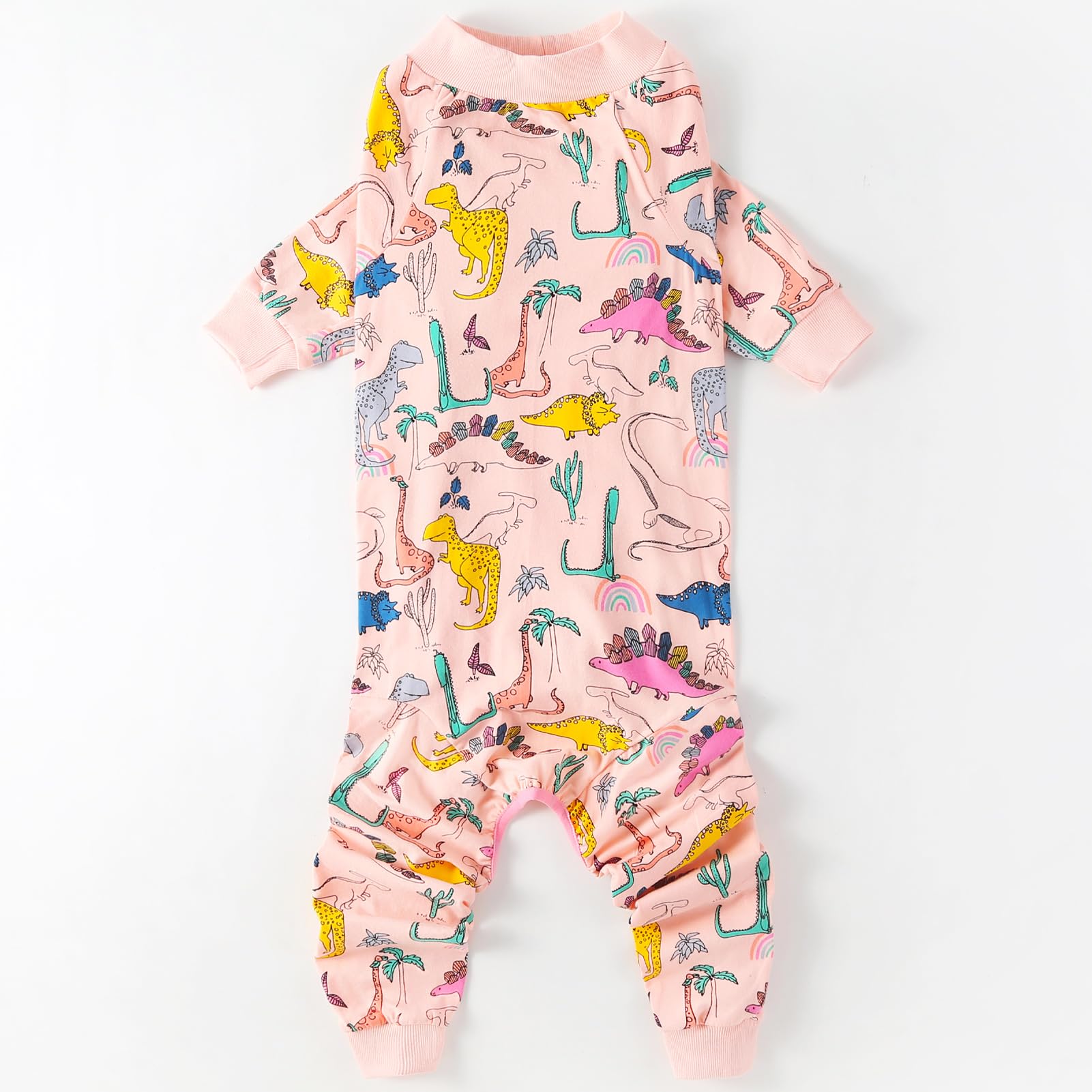 PriPre dogs cotton pajamas pink dinosaur pattern back view shows full coverage in use