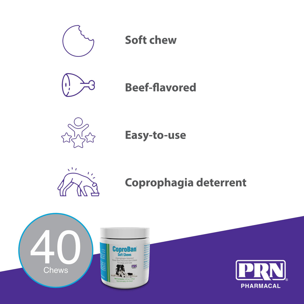 PRN CoproBan chews shown with a dog for easy serving